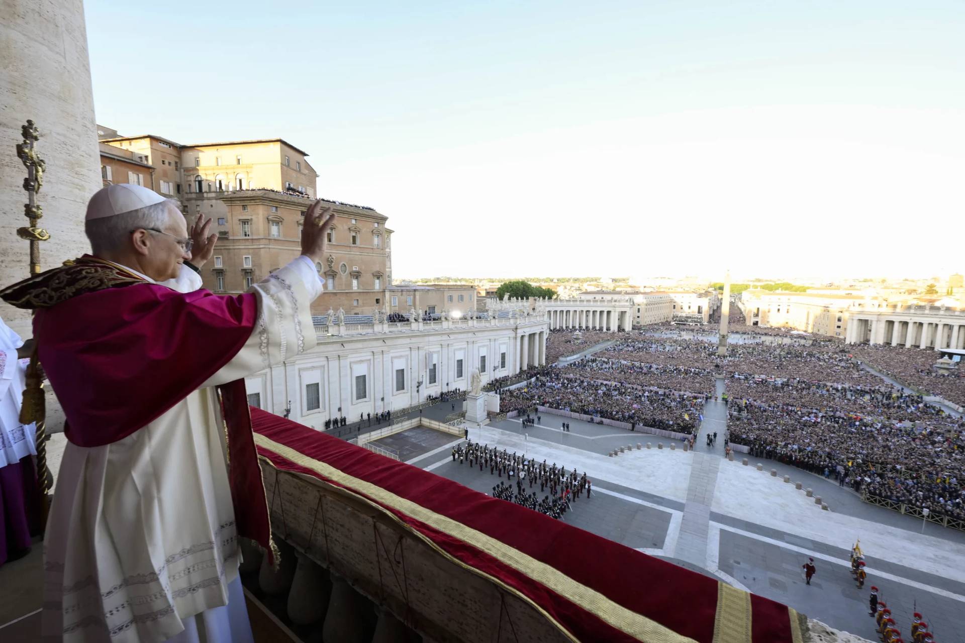 Newly elected Pope Leo XIV waves to the faithful in St. Peter’s Square shortly after his election on May 8, 2025. (Credit: Vatican Media.)
