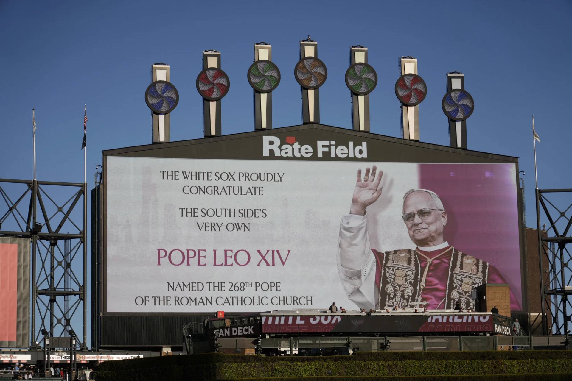 The Chicago White Sox honors Pope Leo XIV on the scoreboard before a baseball game against the Miami Marlins on May 8, 2025. (Credit: David Banks/AP.)