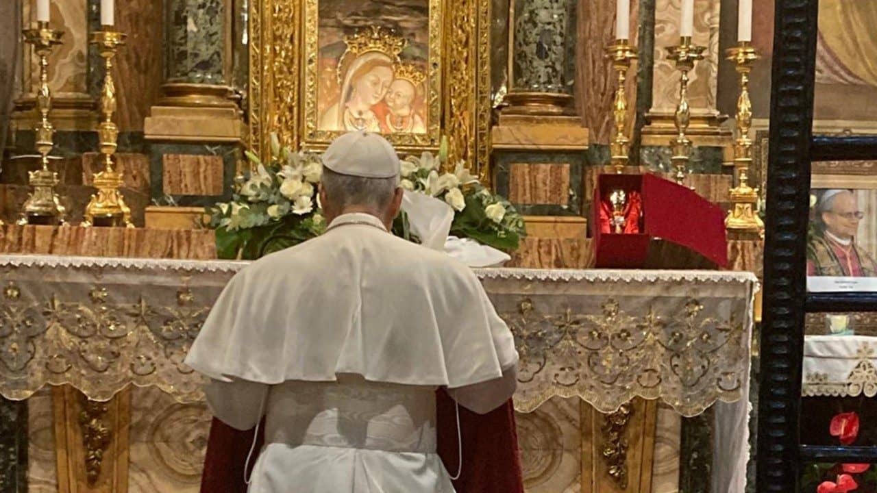 Pope Leo XIV prays before the icon of Mary of Good Counsel in Genazzano, Italy, on May 10, 2025. (Credit: Vatican Media.)