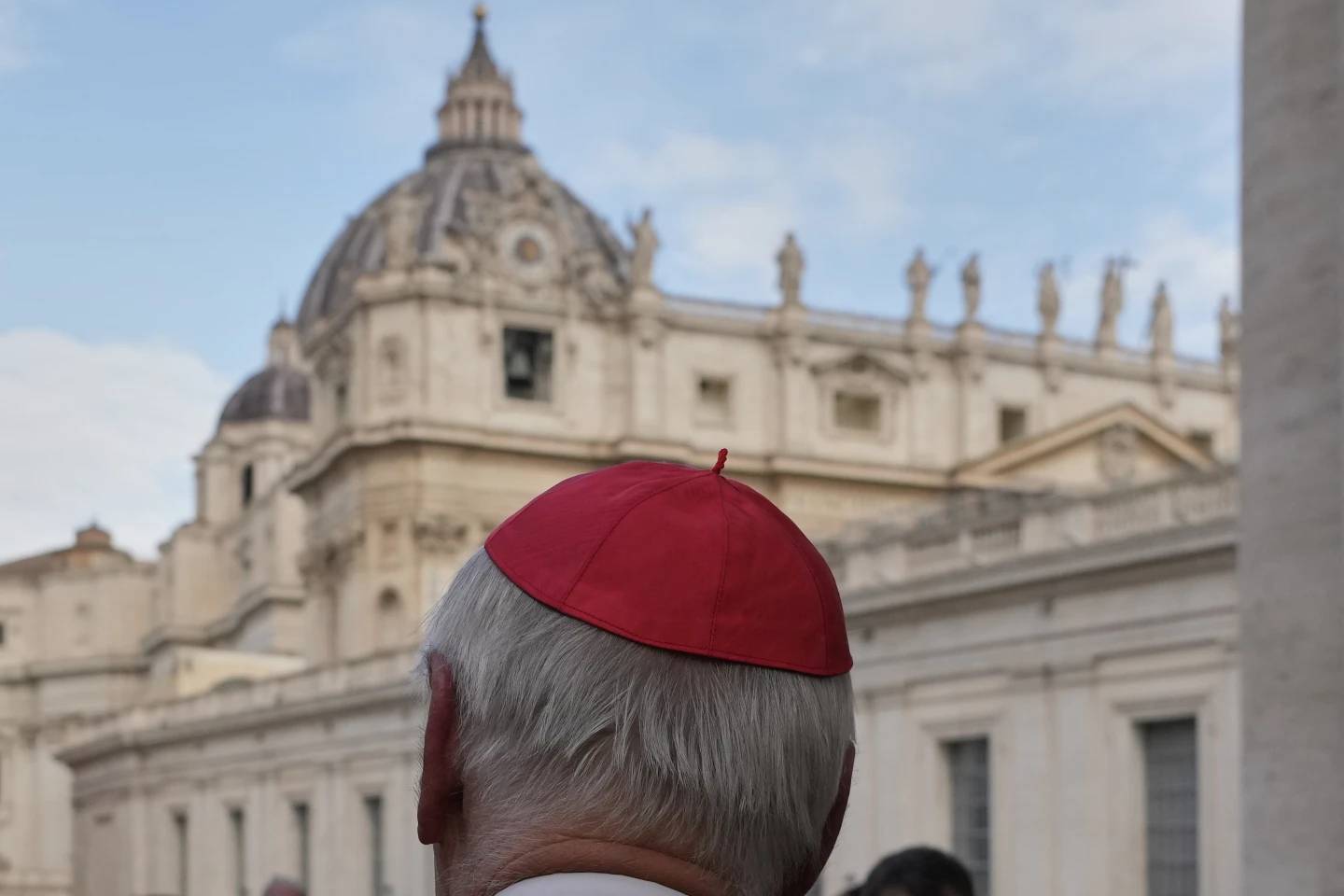 St. Peter's Basilica is seen in the background as a cardinal arrives for a pre-conclave general congregation meeting at the Vatican, Monday, April 28, 2025. (Credit: Gregorio Borgia/AP.)