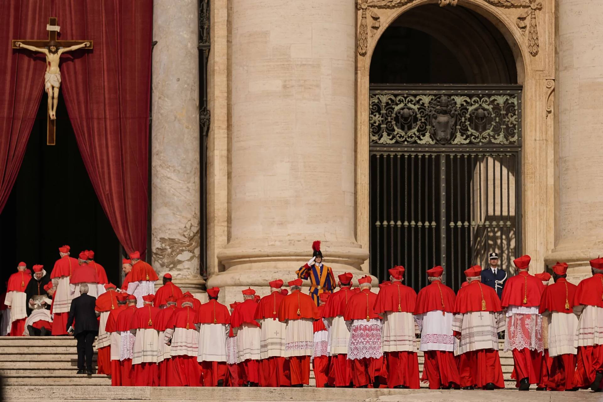 Cardinals walk through St. Peter's Square ahead of Pope Francis's coffin at the Vatican, Wednesday, April 23, 2025. (Credit: Andreea Alexandru/AP.)
