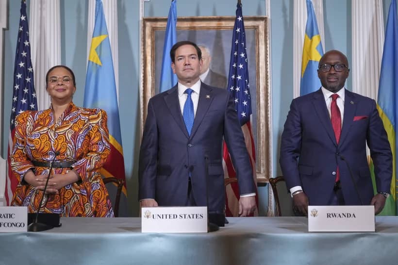 Secretary of State Marco Rubio hosts a signing ceremony in which Congo’s Foreign Minister Therese Kayikwamba Wagner, left, and Rwanda’s Foreign Minister Olivier Nduhungirehe, right, pledge to work toward a peace deal at the State Department in Washington, April 25, 2025. (Credit: Jacquelyn Martin/AP.)
