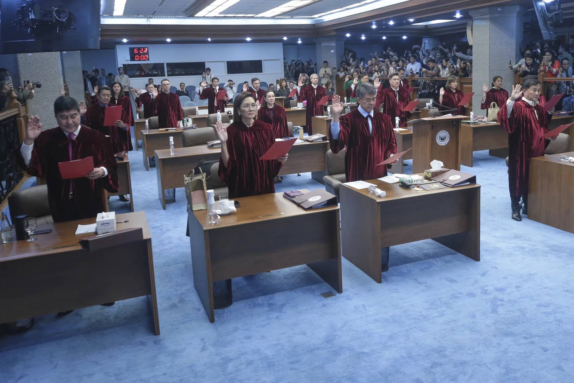 Filipino senators take oath as jurors in the impeachment trial of Vice President Sara Duterte at the Philippine Senate in Pasey city, Philippines on June 10, 2025. (Credit: Voltaire Fernandez Domingo/Senate Social Media Unit via AP.)