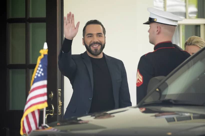 El Salvador’s President Nayib Bukele waves as he departs following a meeting at the White House with President Donald Trump, Monday, April 14, 2025, in Washington. (Credit: Manuel Balce Ceneta/AP.)