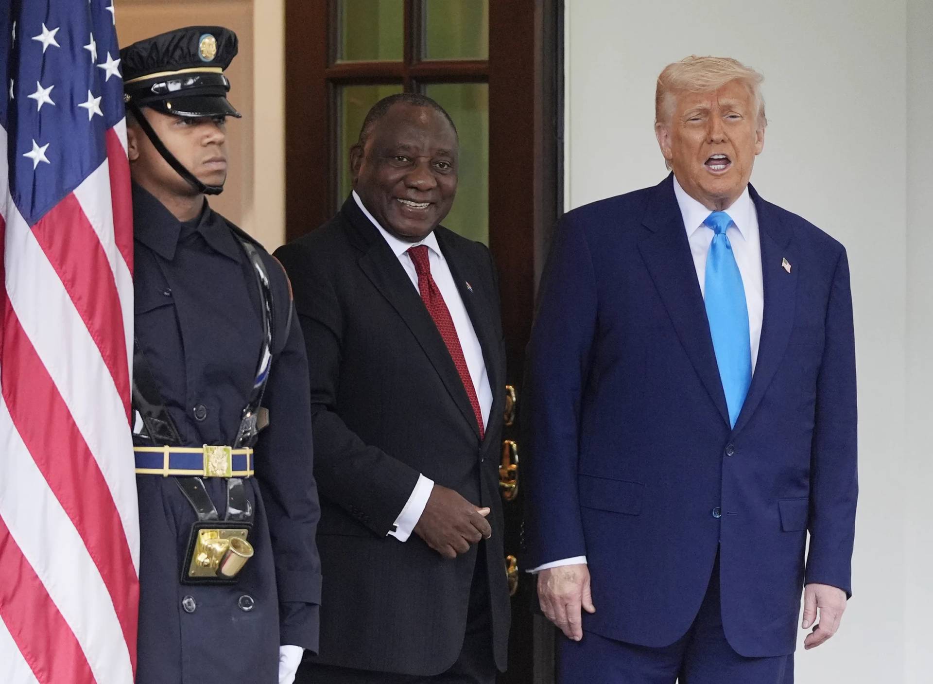President Donald Trump greets South African President Cyril Ramaphosa at the White House, Wednesday, May 21, 2025, in Washington. (Credit: Julia Demaree Nikhinson/AP.)