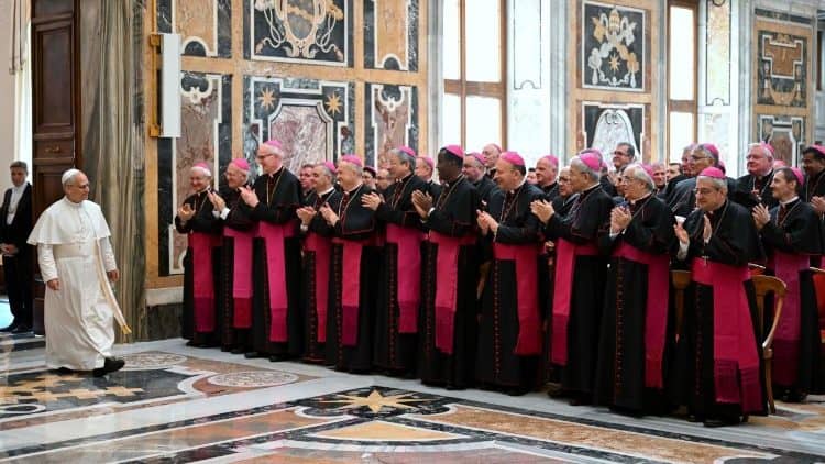 Pope Leo XIV meets with Pontifical Representatives inside the Vatican's Apostolic Palace during the Jubilee for Papal Representatives June 10, 2025. (Credit: Vatican Media.)