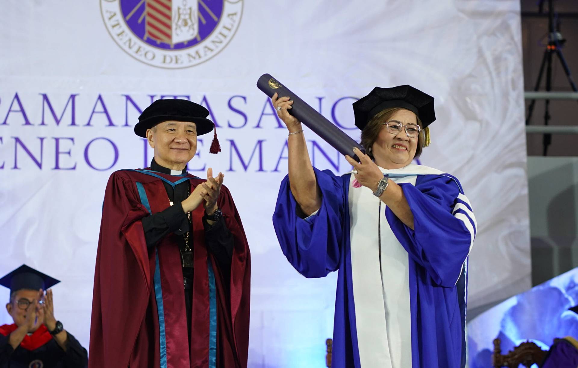 Leila de Lima receives her honorary doctorate in sociology at Ateneo de Manila University in Quezon City, Philippines, June 20, 2025. (Credit: Aaron Vicencio/UMCO/Ateneo de Manila University.)