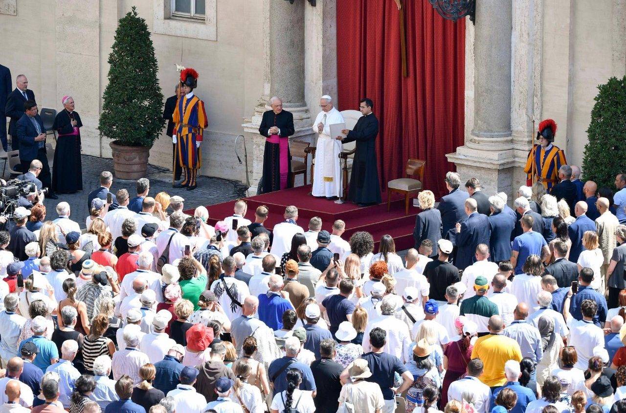 Pope Leo XIV welcomes participants in the World Day Against Drug Abuse and Illicit Trafficking 2025 in the Vatican on June 26, 2025. (Credit: Vatican Media.)