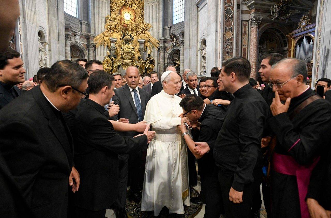Pope Leo XIV with Bishops during their Jubilee pilgrimage to St Peter's Basilica on June 25, 2025. (Credit: Vatican Media.)