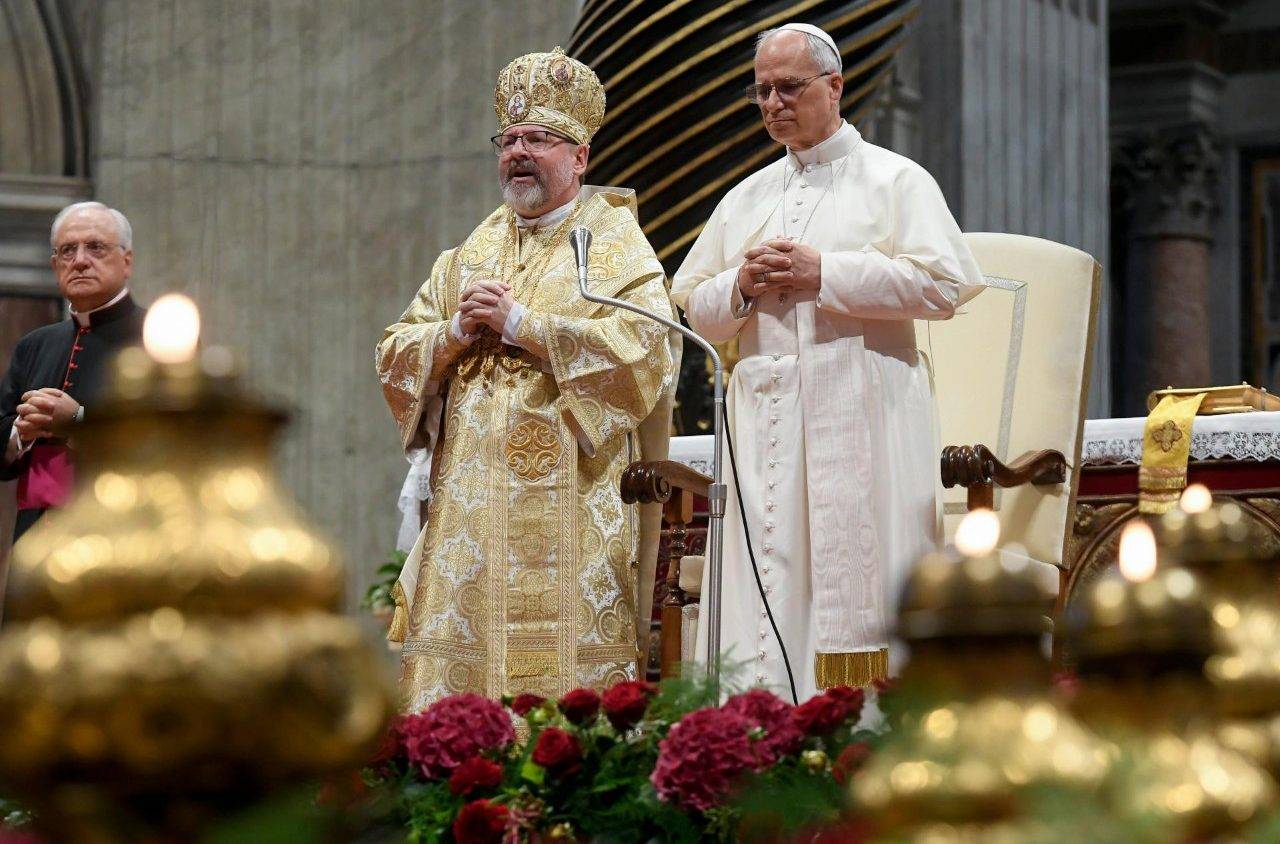 Pope Leo XIV stands with Major Archbishop Sviatoslav Shevchuk while meeting with members of the Jubilee Pilgrimage of the Ukrainian Greek-Catholic Church in the Vatican on June 28, 2025. (Credit: Vatican Media.)