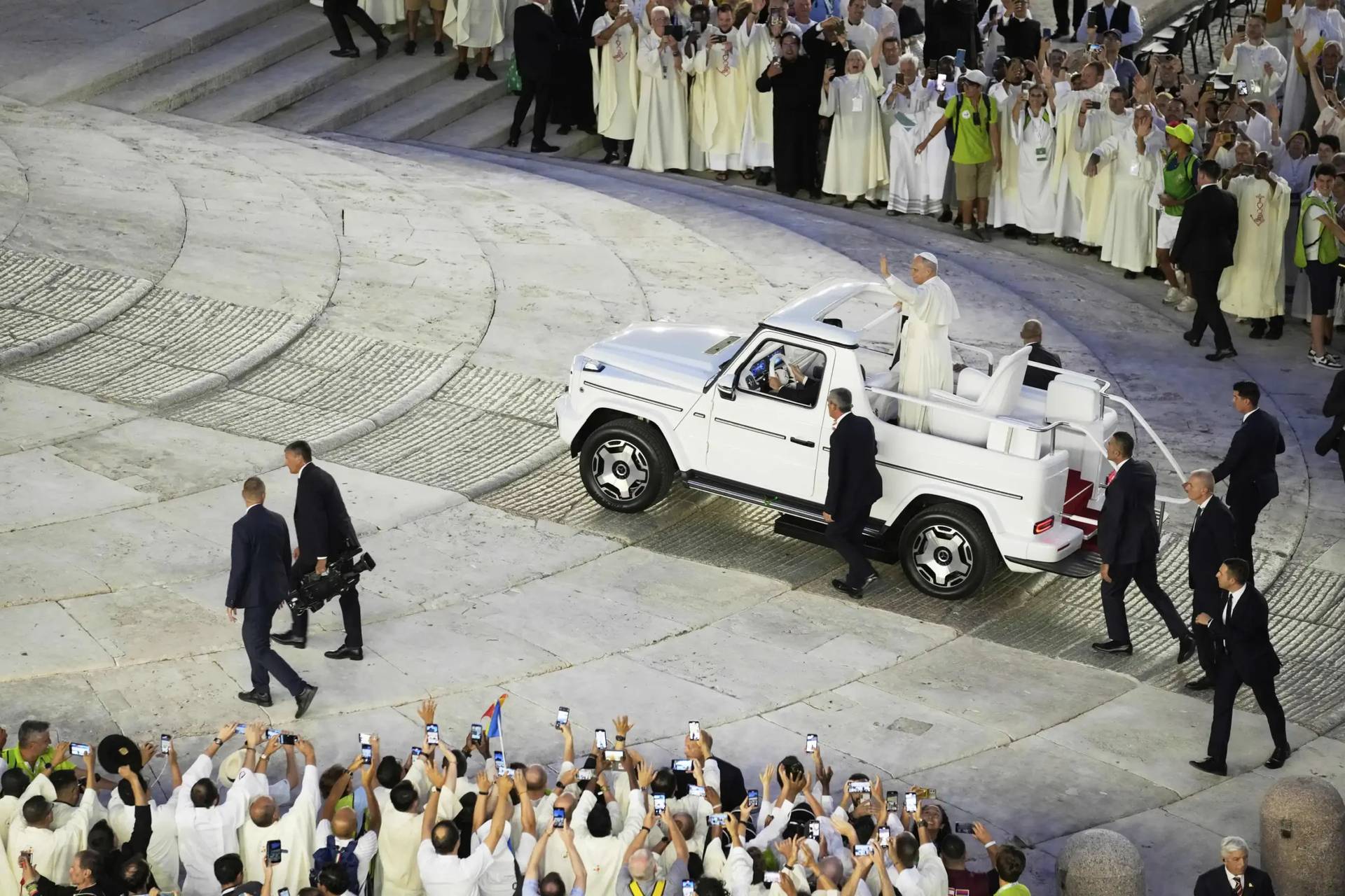 Pope Leo XIV arrives on the Popemobile as youth gathered in St. Peter's Square on Tuesday evening, July 29, 2025. (Credit: Gregorio Borgia/AP.)