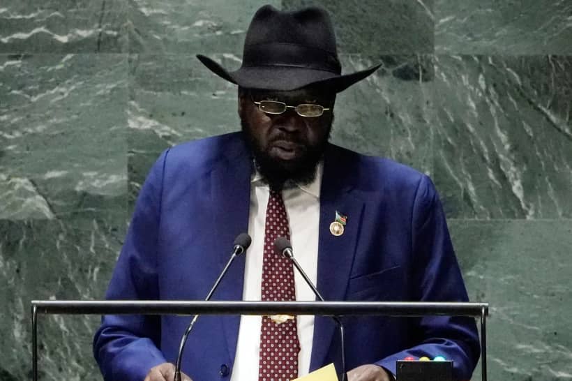 South Sudan President Salva Kiir addresses the 78th session of the United Nations General Assembly, Sept. 21, 2023. (Credit: Richard Drew/AP.)