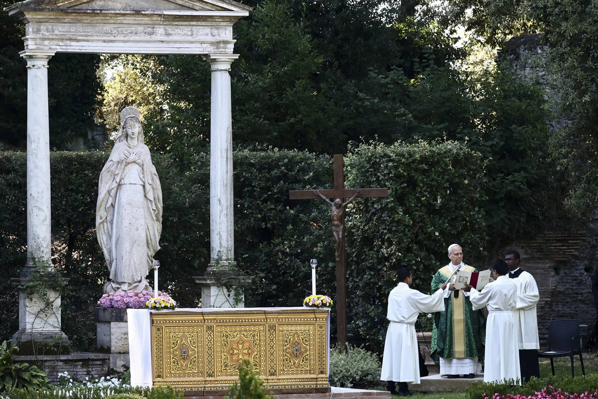 Pope Leo XIV celebrates Mass for the Care of the Environment in Castel Gandolfo, Italy, on July 9, 2025. (Credit: Yara Nardi/Pool via AP.)