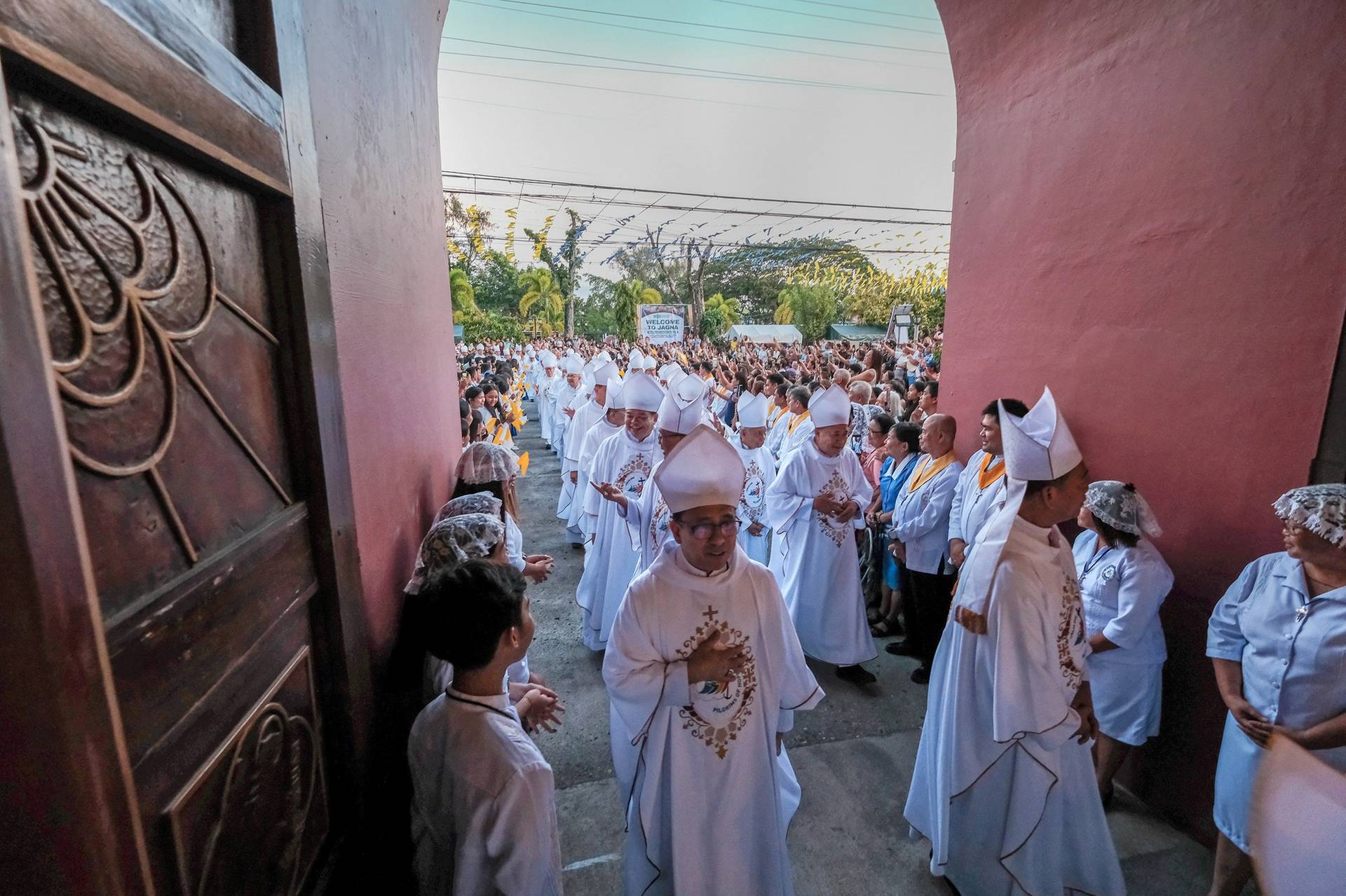 Filipino bishops enter the Saint Michael the Archangel Parish in Jagna, Bohol, in the central Philippines, for a Mass on the first day of their 130th plenary assembly, July 5, 2025. (Credit: CBCP News.)