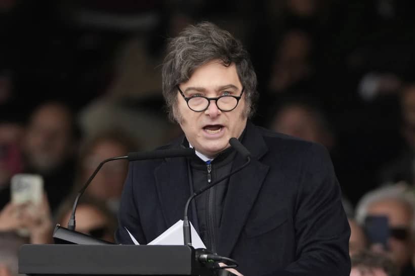 Argentine President Javier Milei speaks during the opening ceremony of the Rural Society’s annual exposition, in Buenos Aires, Argentina, Saturday, July 26, 2025. (Credit: Gustavo Garello/AP.)