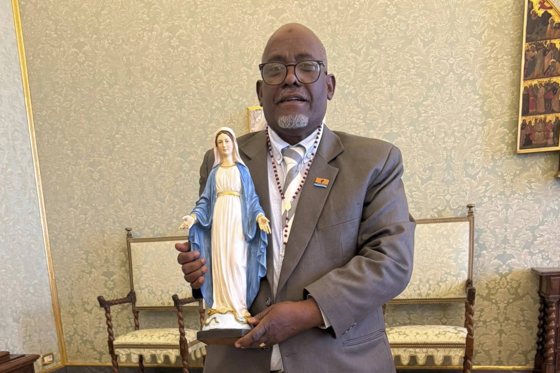 President of Chagos Refugees Group Louis Olivier Bancoult in the Vatican on Aug. 23, 2025. (Credit: Philippe Sand via AP.)