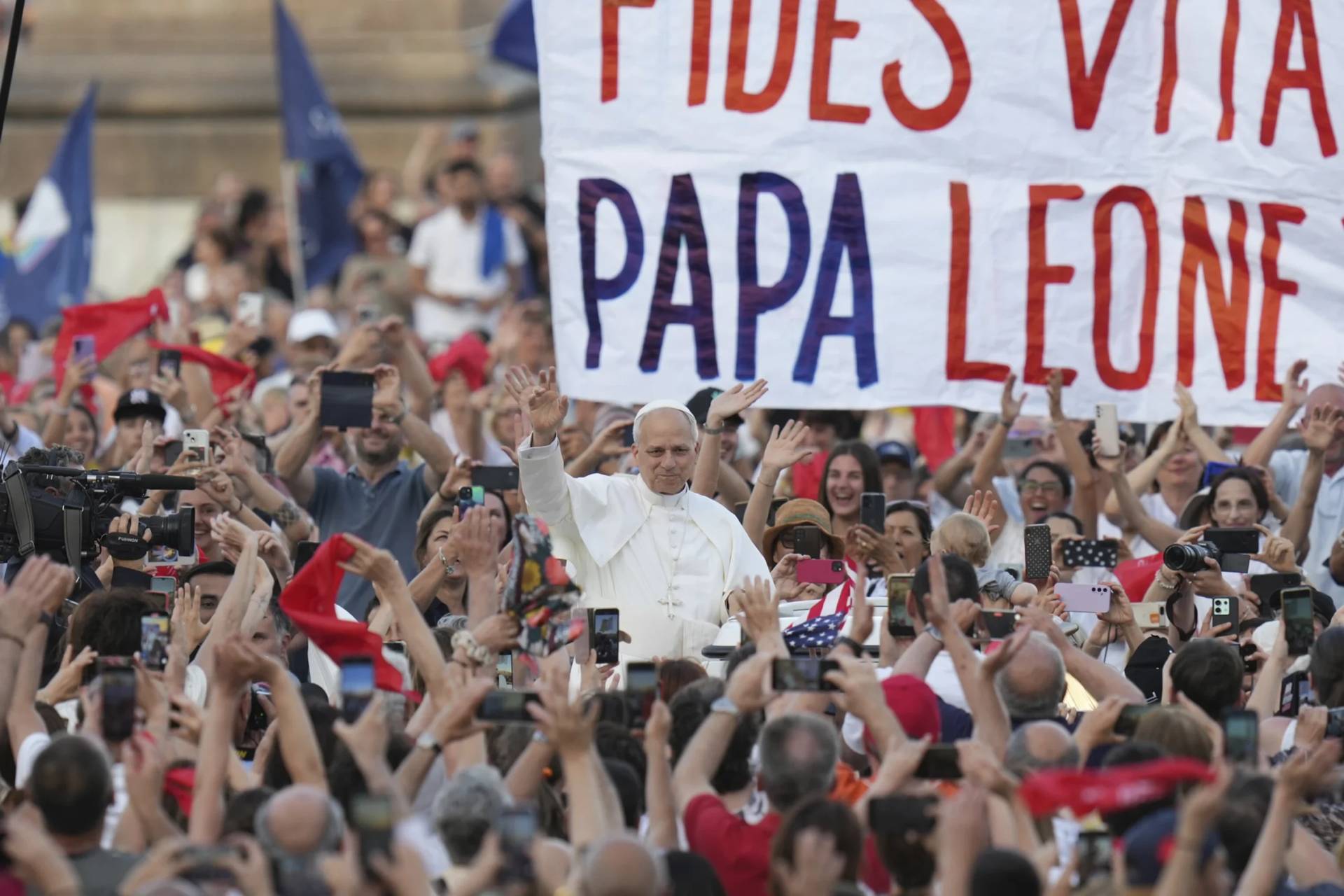 Pope Leo XIV waves as he arrives to hold a Pentecost vigil in St. Peter’s Square at The Vatican, Saturday, June 8, 2025. (Credit: Alessandra Tarantino/AP.)