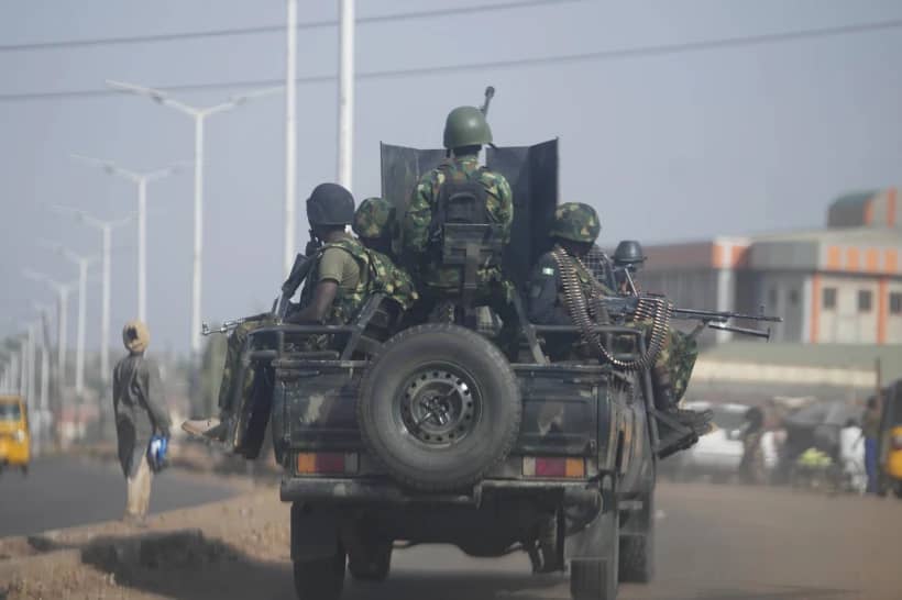 Nigeria army patrols along the Kaduna Birnin Gwari area in Nigeria, Friday, March 8, 2024. (Credit: Sunday Alamba/AP.)