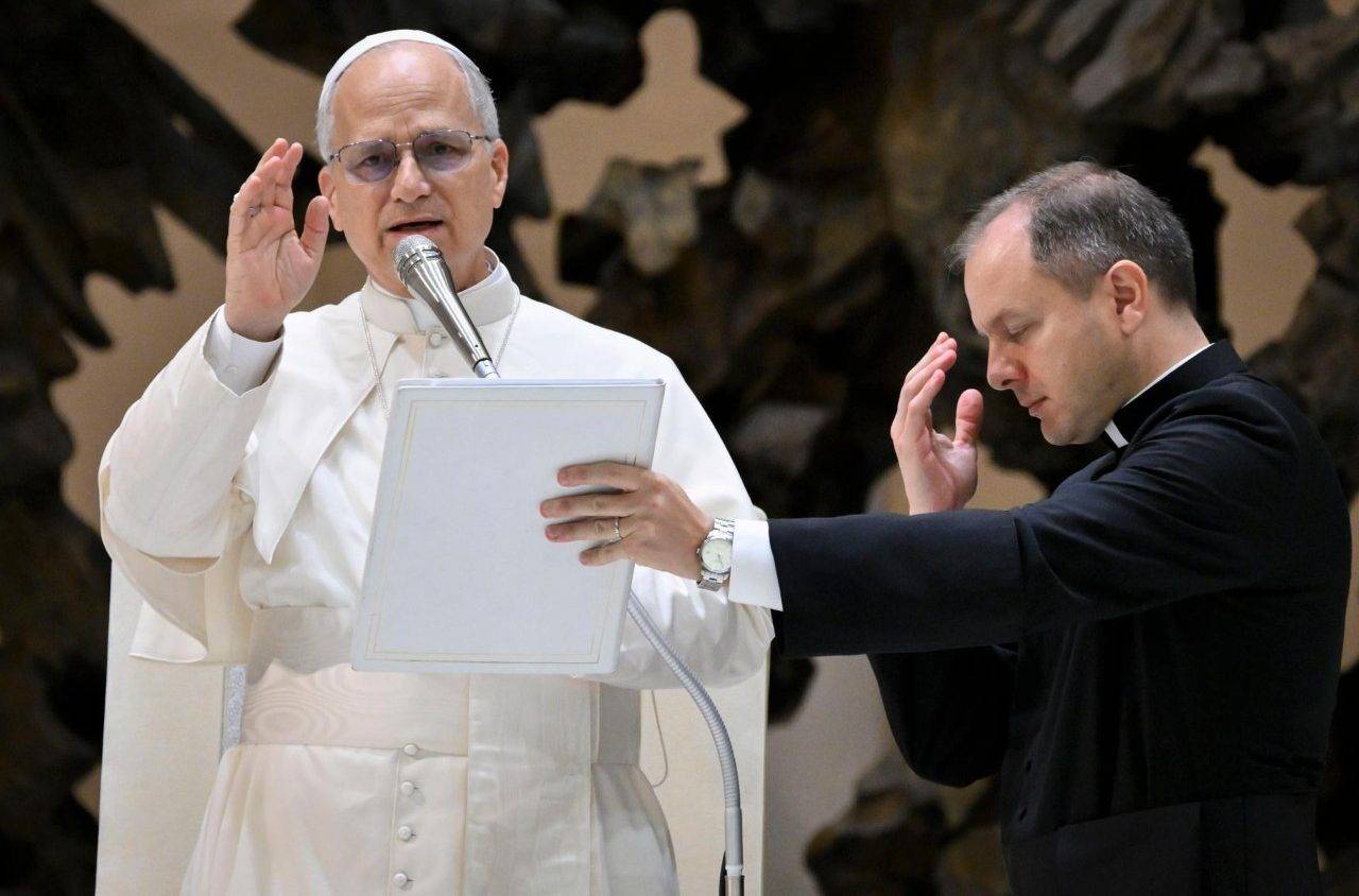 Pope Leo XIV blesses pilgrims at the weekly General Audience in the Paul VI Audience Hall in the Vatican on Aug. 27, 2025. (Credit: Vatican Media.)