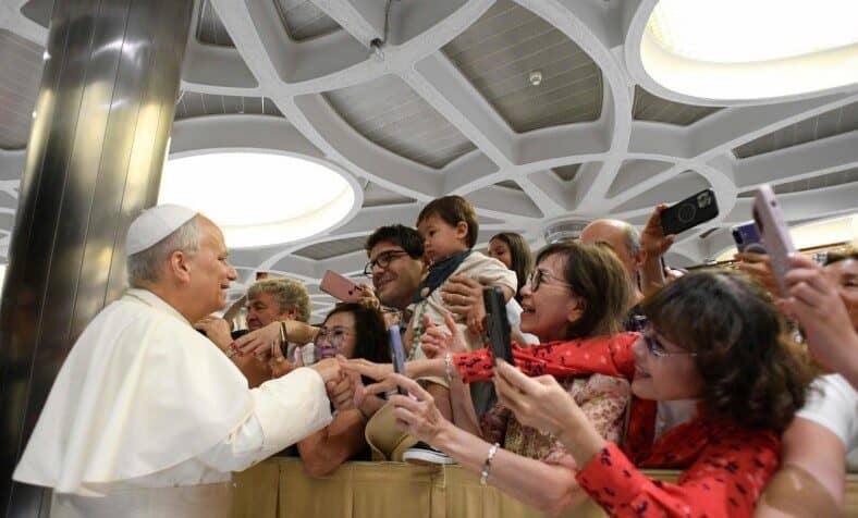 Pope Leo XIV at the Paul VI Audience Hall in the Vatican for the General Audience on Aug. 20, 2025. (Credit: Vatican Media.)
