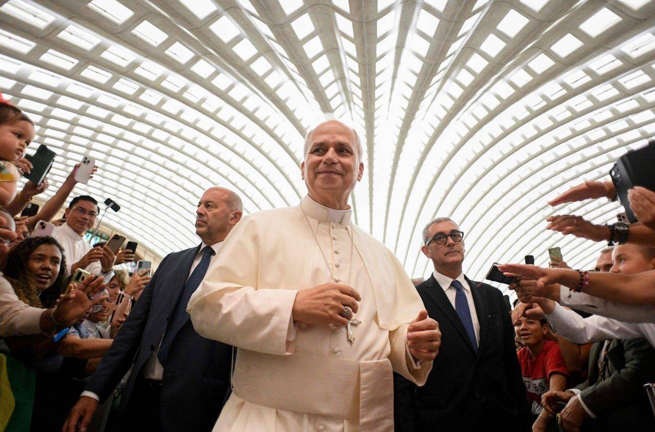 Pope Leo greets the faithful in the Paul VI Hall in the Vatican on Aug. 13, 2025. (Credit: Vatican Media.)