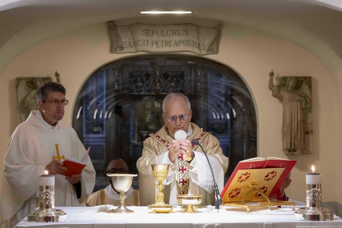 Pope Leo XIV celebrates Mass May 11, 2025, at the altar near the tomb of St. Peter's in the grotto of St. Peter's Basilica at the Vatican. Father Alejandro Moral Anton, prior general of the Order of St. Augustine, was the principal concelebrant. (Credit: Vatican Media.)