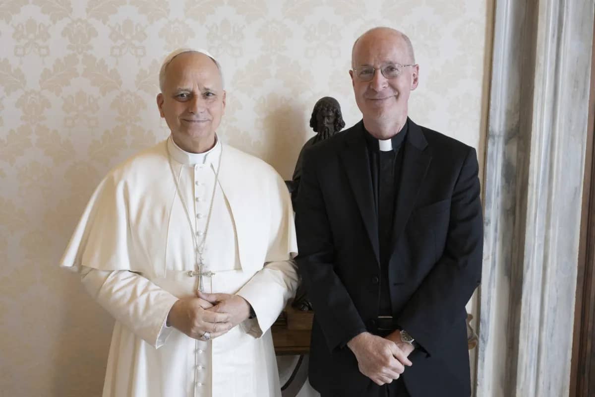 Pope Leo XIV and Jesuit Father James Martin, editor-at-large at America, at the Vatican on Sept. 1, 2025. (Credit: Vatican News.)