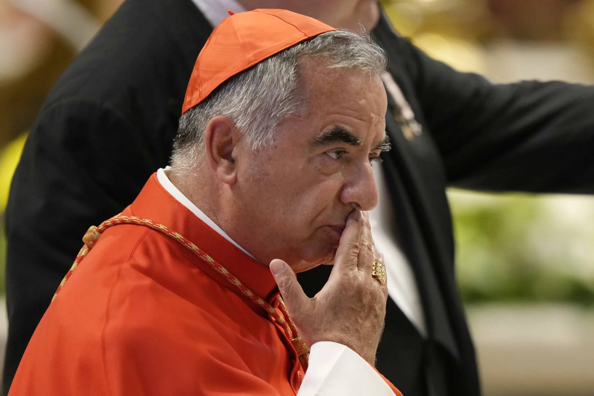 Cardinal Angelo Becciu in St. Peter's Basilica at the Vatican on Aug. 27, 2022. (Credit: Andrew Medichini/AP.)