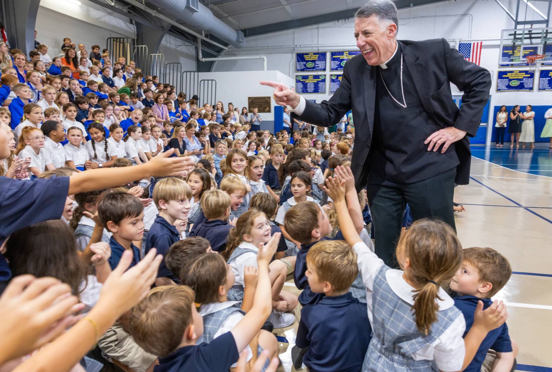 Bishop James F. Checchio meets students at St. Catherine of Siena in Metairie during his introduction as the next Archbishop of New Orleans on Sep. 24, 2025. (Credit: Chris Granger/The Times-Picayune/New Orleans Advocate via AP.)