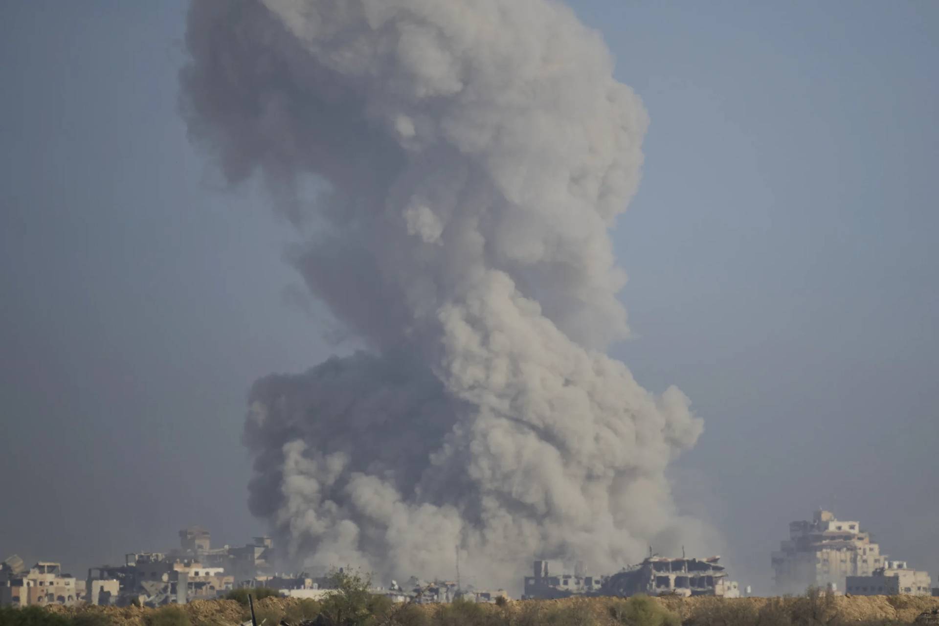 Smoke rises following an explosion in the Gaza Strip, as seen from southern Israel, Sunday, Sept. 21, 2025. (Credit: Ohad Zwigenberg/AP.)