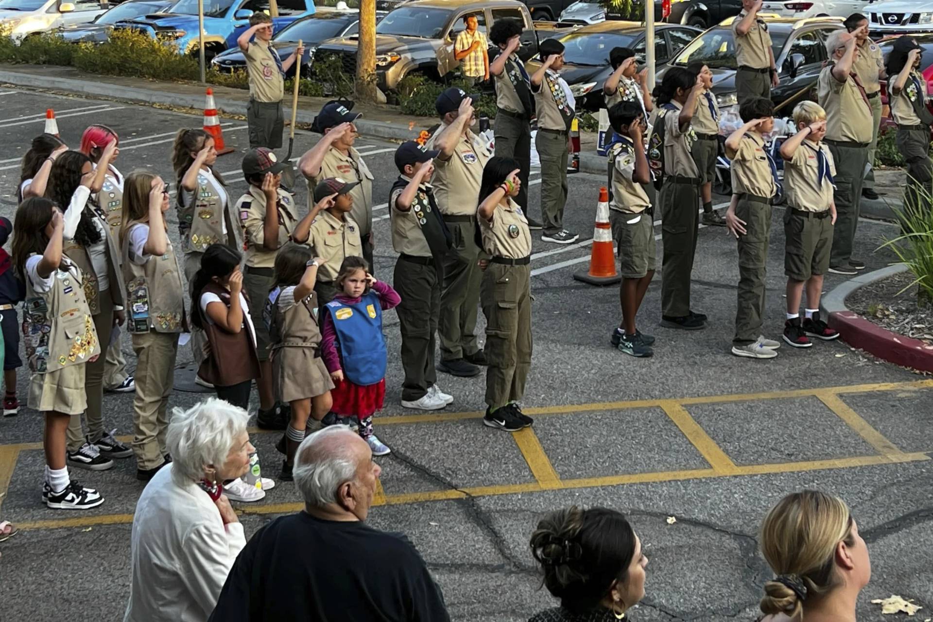 Scout Troop 228 participates in the U.S. flag retirement ceremony for Saint Kateri Tekakwitha Church during the annual Patriots Day observance at the church in Santa Clarita, Calif., on Thursday, Sept. 11, 2025. (Credit: Krysta Fauria/AP.)