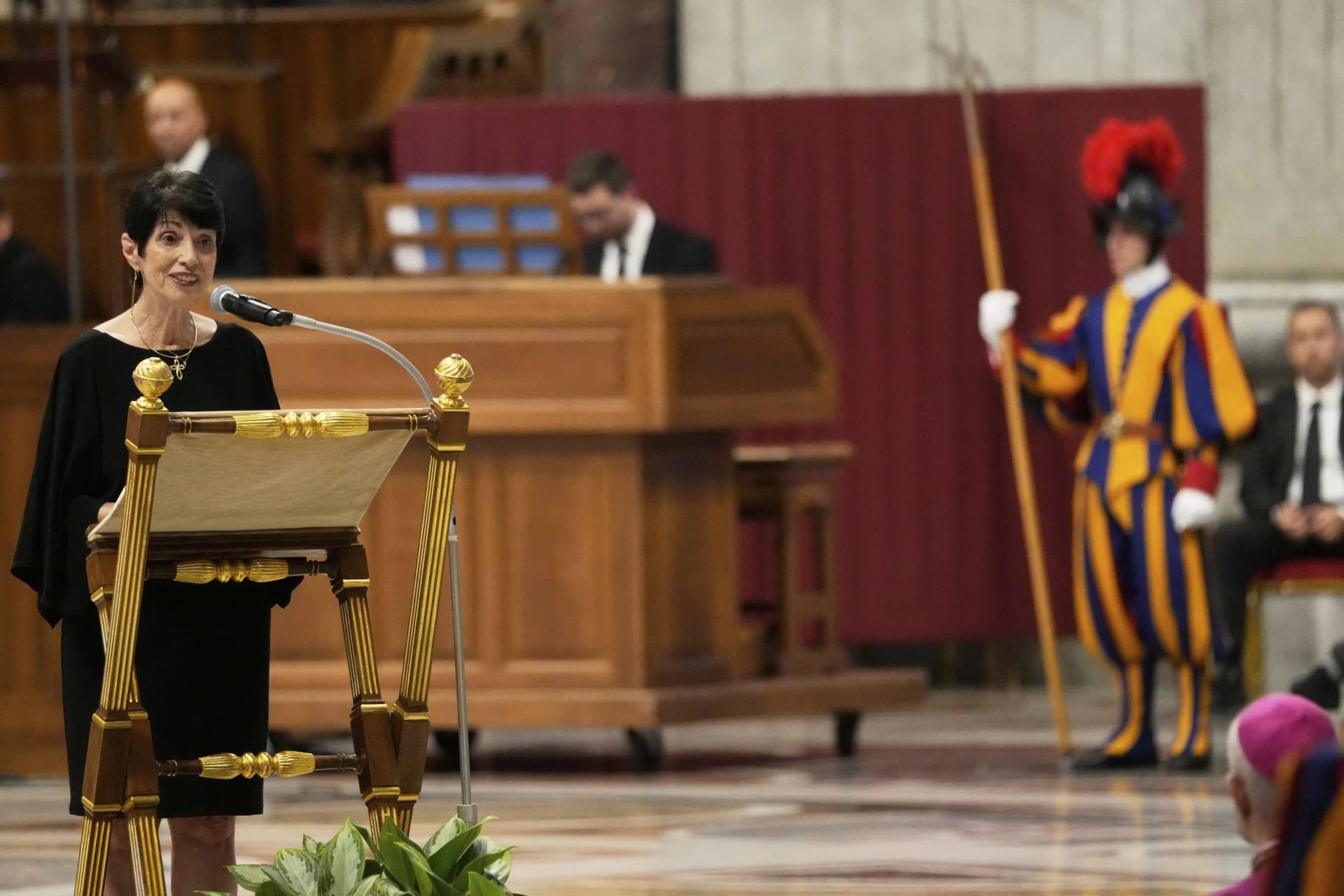 Diane Foley, the mother of James Foley, who was kidnapped and beheaded by Islamic militants in 2014 while reporting on the conflict in Syria, speaks as Pope Leo XIV presides over a vigil prayer for the consolation of those who suffer, at The Vatican, Monday, Sept. 15, 2025. (Credit: Gregorio Borgia/AP.)