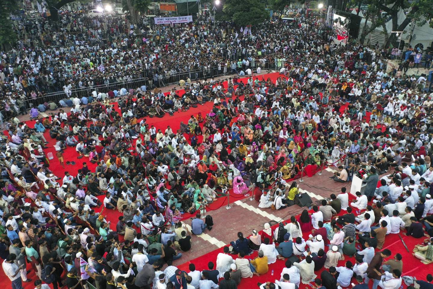Supporters of National Citizen Party (NCP) listen to the party leader Nahid Islam during a political rally in Dhaka, Bangladesh, Sunday, Aug. 3, 2025. (Credit: Mahmud Hossain Opu/AP.)