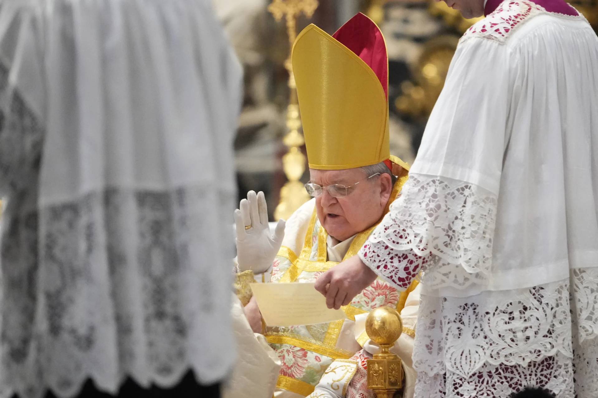 Cardinal Raymond Leo Burke celebrates an old Latin Mass for pilgrims in St. Peter’s Basilica, at the Vatican, Saturday, Oct. 25, 2025. (Credit: Alessandra Tarantino/AP.)