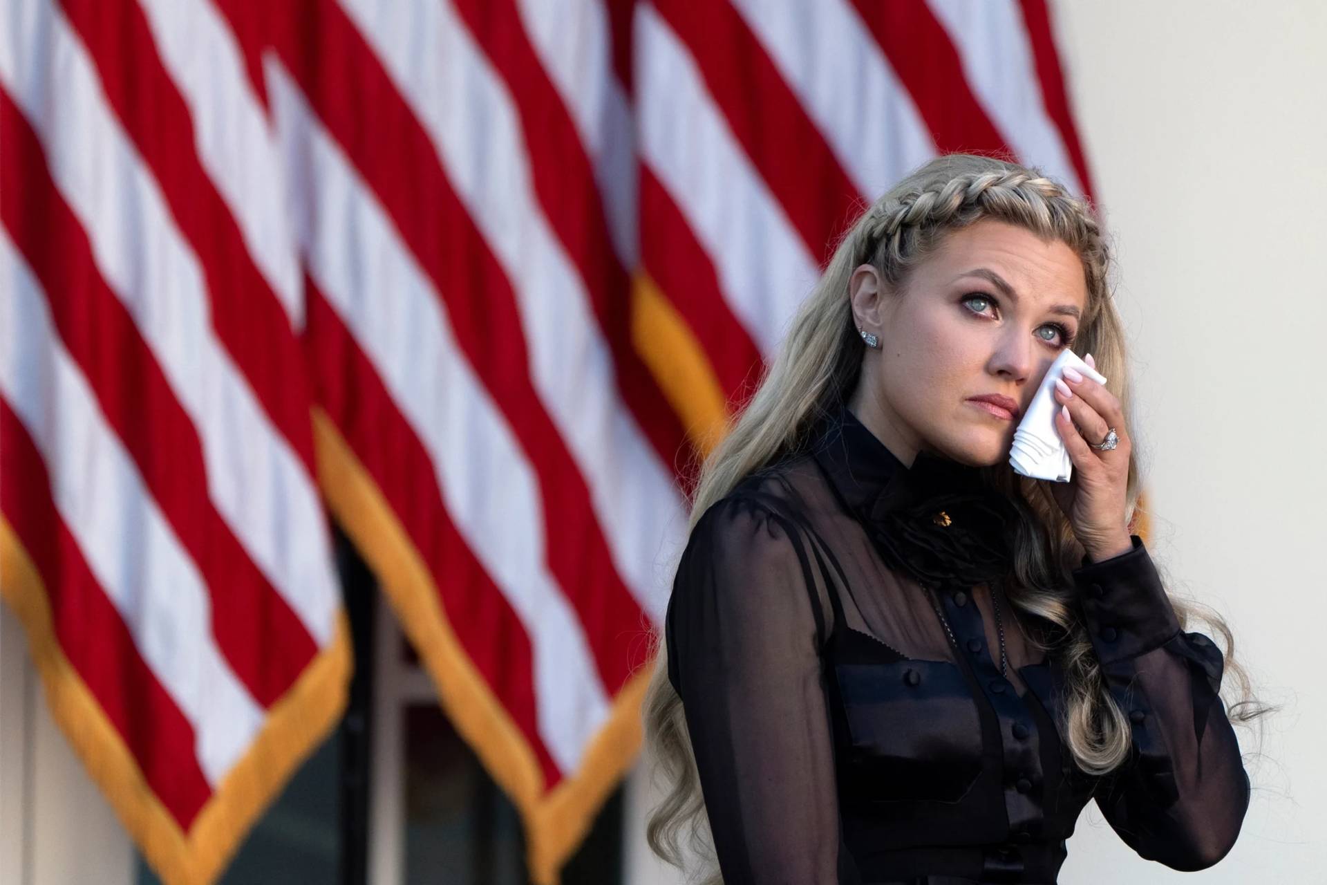 Erika Kirk reacts after President Donald Trump posthumously awarded the Presidential Medal of freedom to her murdered husband Charlie Kirk in the Rose Garden at the White House in Washington, DC, on Oct. 14, 2025. (Credit: Mark Schiefelbein/AP.)