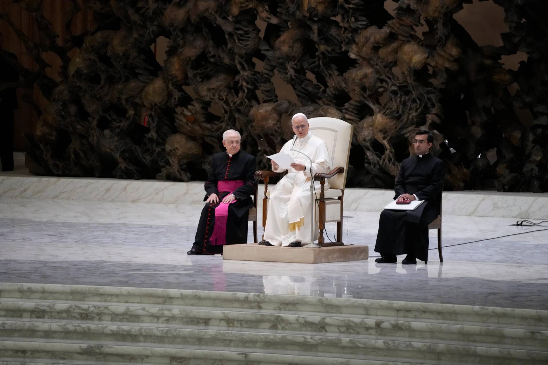 Pope Leo XIV speaks at a commemoration of the 60th anniversary of Vatican 1965 document "Nostra Aetate" at the Vatican on Oct. 28, 2025. (Credit: Gregoria Borgia/AP.)