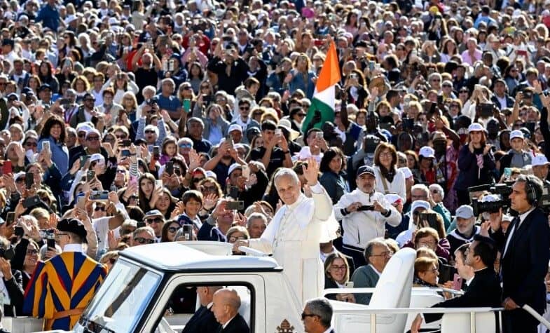 Pope Leo XIV rides in St. Peter's Square in the Vatican on Sep.27, 2025. (Credit: Vatican Media.)