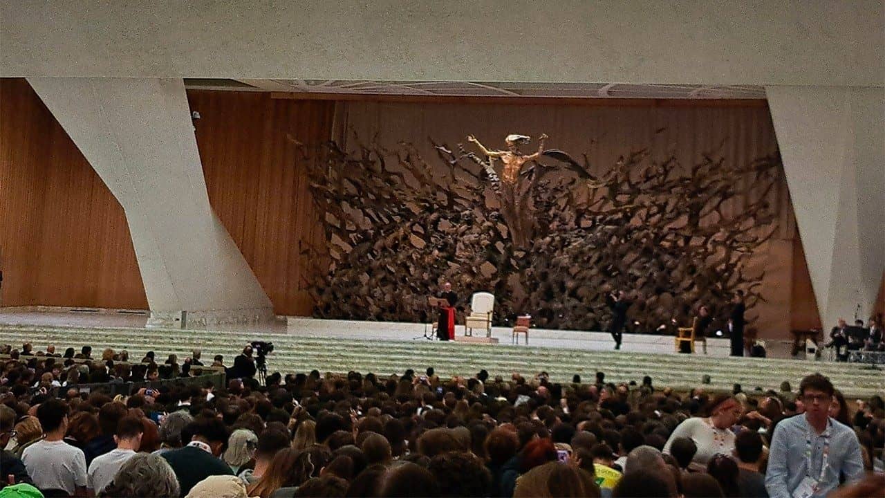 Pope Leo XIV speaks in the Paul VI Audience Hall in the Vatican on Oct. 30, 2025: (Credit: Vatican Media.)