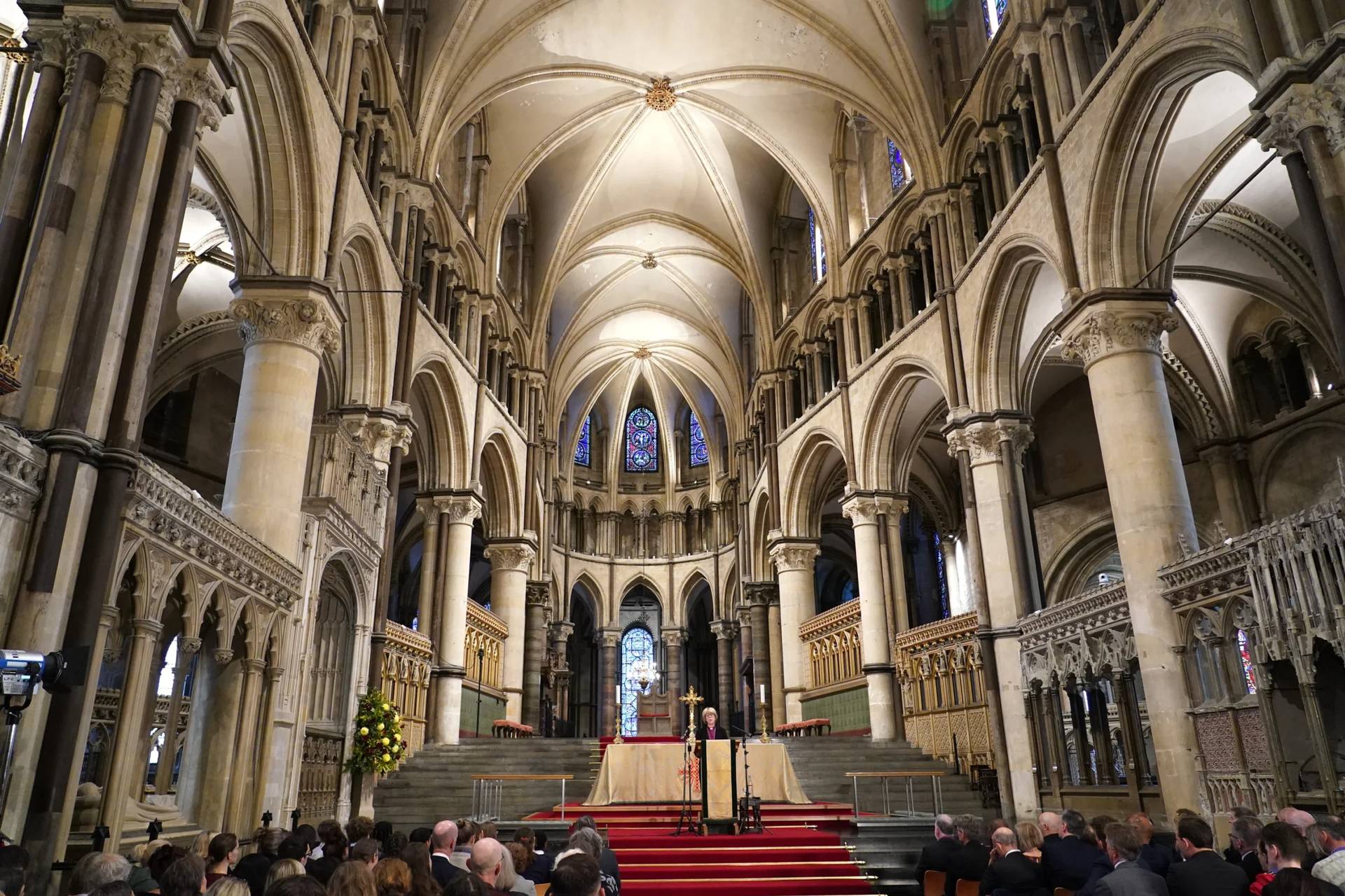 Sarah Mullally, the Archbishop of Canterbury, speaks inside Canterbury Cathedral in Canterbury, England, on Oct. 3, 2025. (Credit: Alberto Pezzali/AP.)
