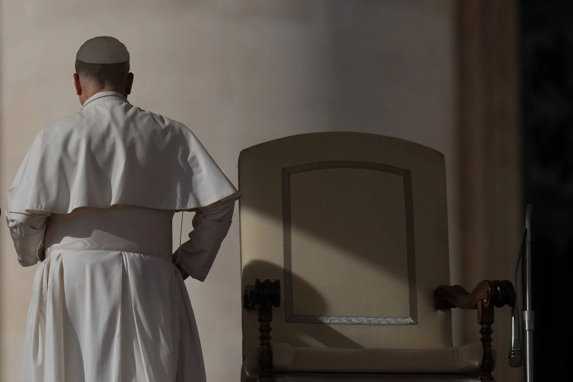 Pope Leo XIV leaves at the end of an audience on the occasion of the Jubilee of the Choirs in St. Peter's Square, at the Vatican, Saturday, Nov. 22, 2025. (Credit: Alessandra Tarantino/AP.)