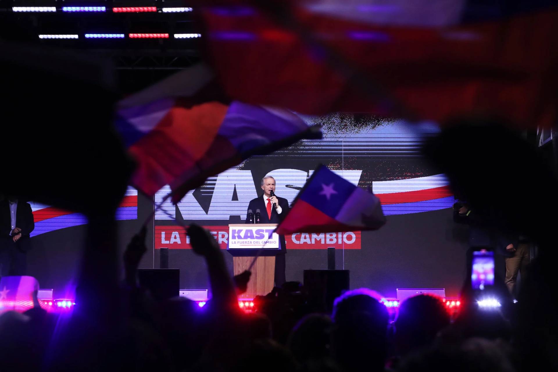 Presidential candidate José Antonio Kast of the Republican Party of Chile speaks to supporters in Santiago, Chile, on Nov. 16, 2025. (Credit: Cristobal Escobar/AP.)