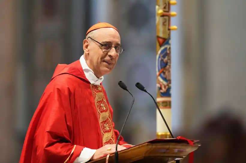 Cardinal Victor Manuel Fernandez delivers his speech during a mass on the sixth of nine days of mourning for late Pope Francis, in St. Peter’s Basilica at the Vatican, May 1, 2025. (Credit: Gregorio Borgia/AP.)