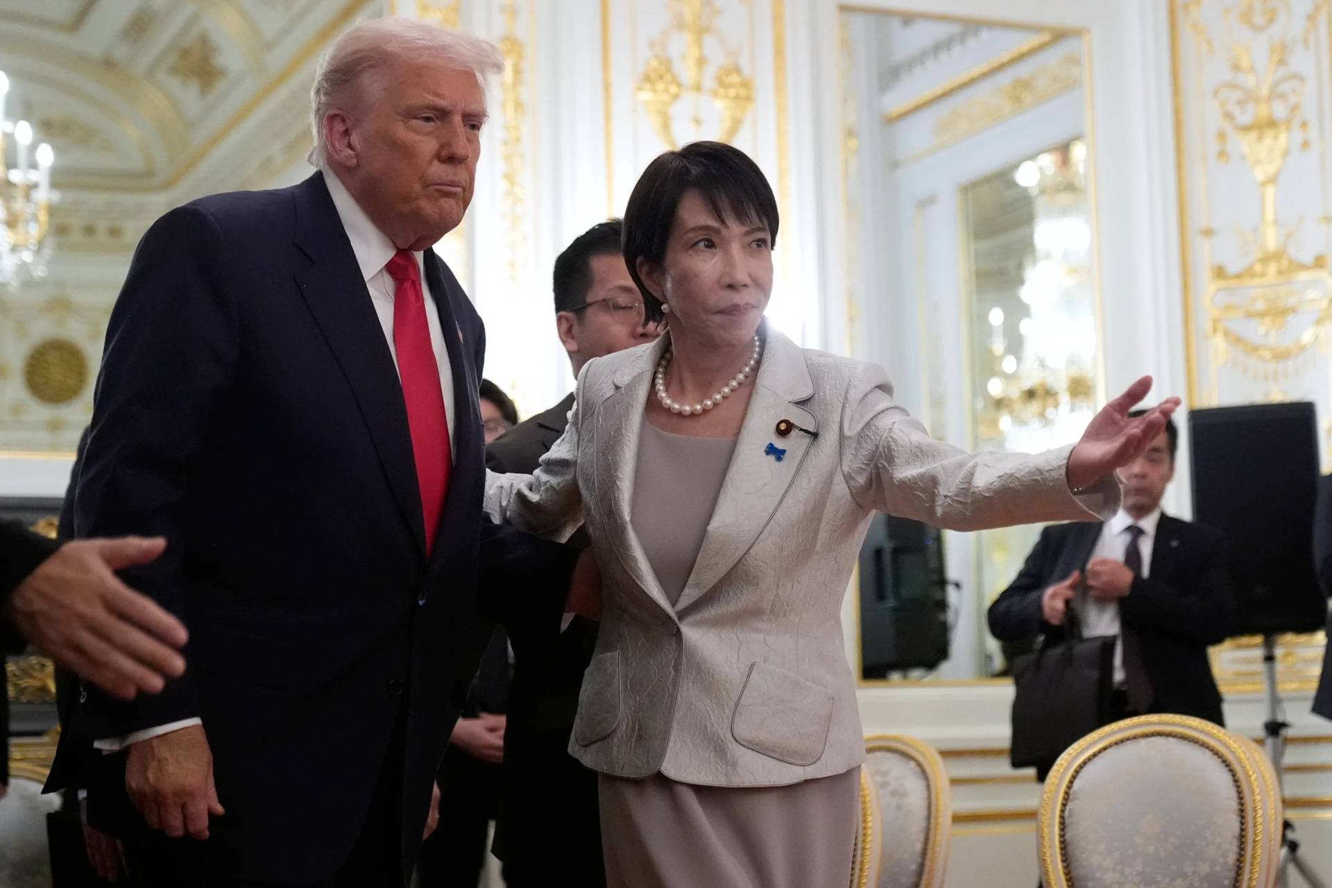U.S. President Donald Trump with the Prime Minister of Japan Sanae Takaichi in Tokyo, Japan, on Oct. 28, 2025. (Credit: Mark Schiefelbein/AP.)