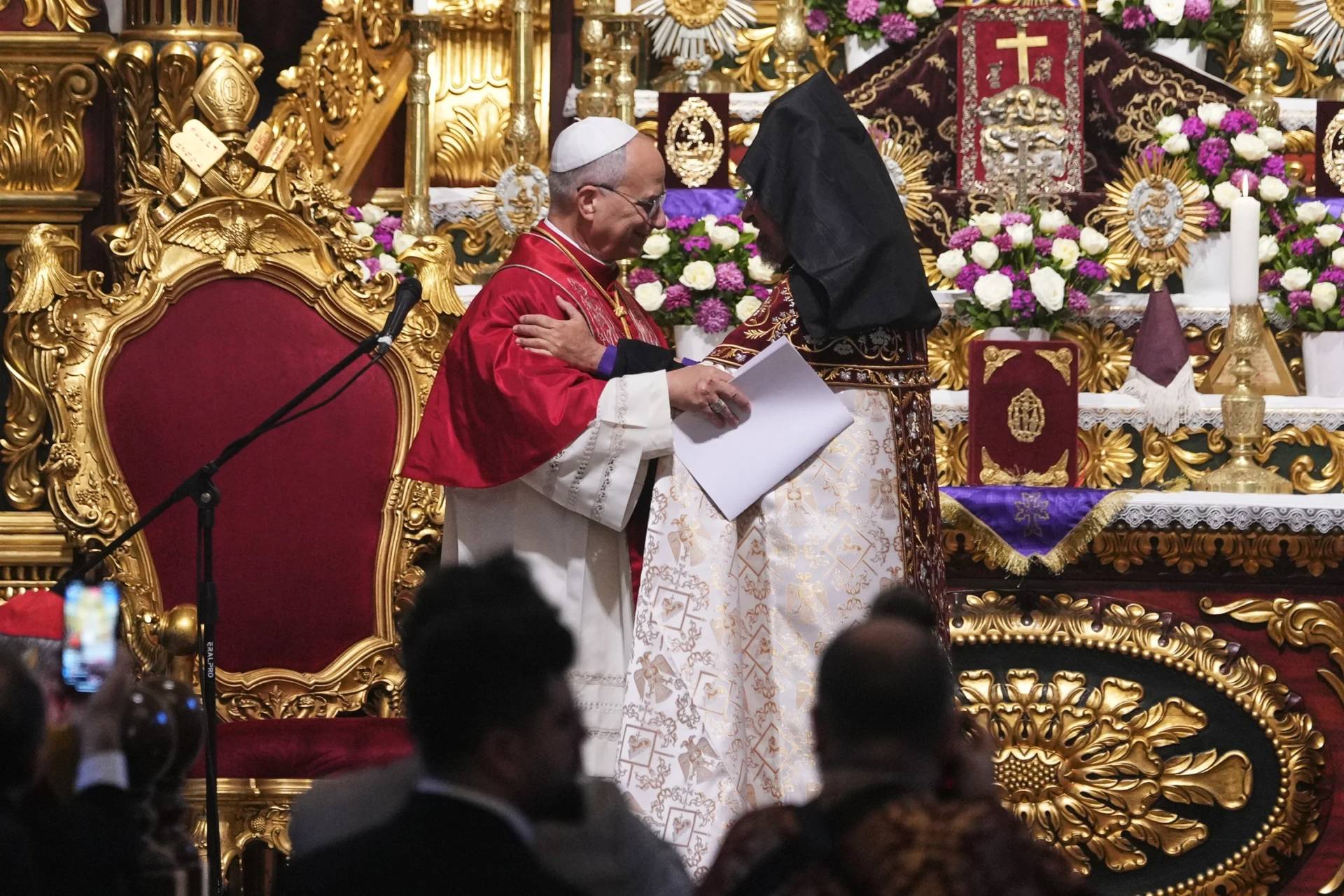 Pope Leo XIV and the Armenian Patriarch of Constantinople Archbishop Sahag II Mashalian celebrate a liturgy in the Armenian Apostolic Cathedral of Istanbul, Turkey, Sunday, Nov. 30, 2025. (Credit: Domenico Stinellis/AP.)
