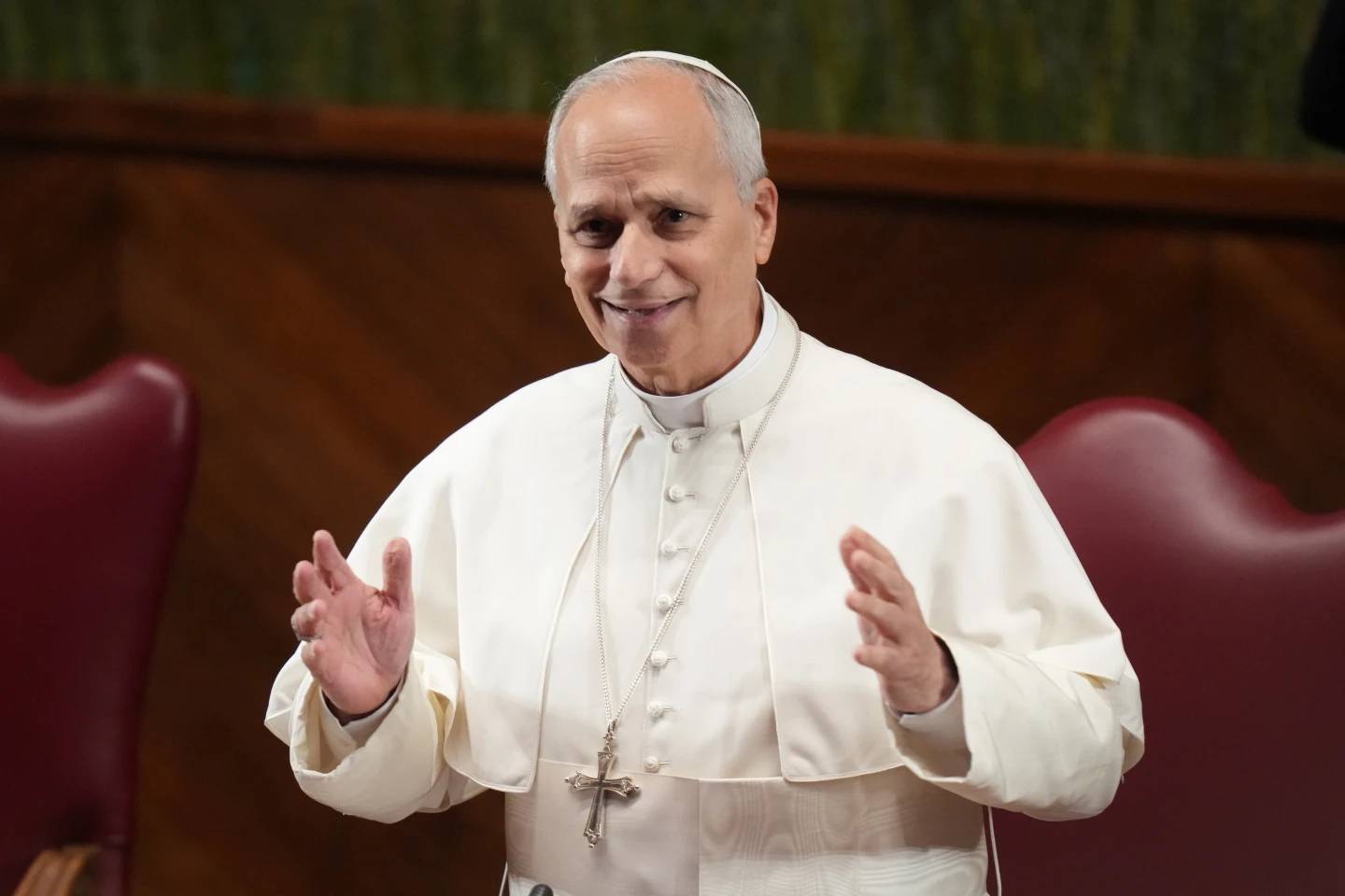 Pope Leo XIV gestures as he arrives at the Pontifical Lateran University on the occasion of the opening of the academic year, in Rome, Friday, Nov. 14, 2025. (Credit: Alessandra Tarantino/AP.)