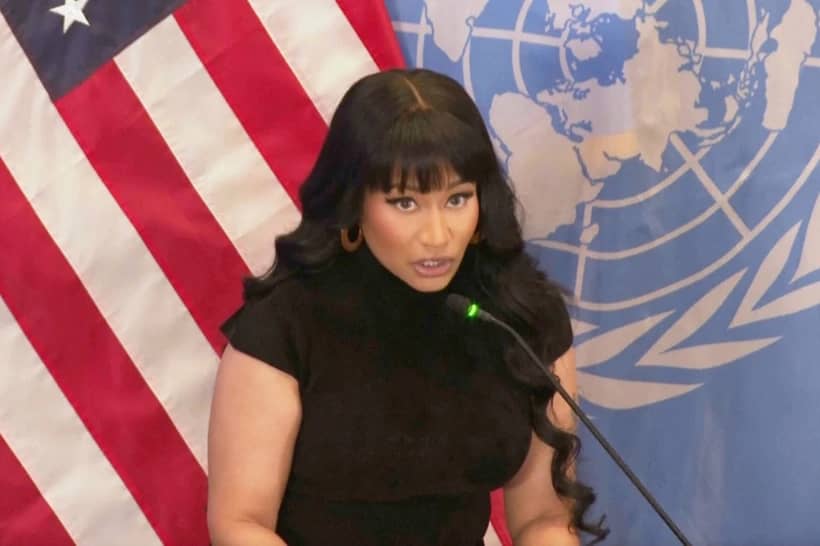 In this image taken from video, pop star Nicki Minaj joined faith leaders Tuesday Nov. 18, 2025, at the United Nations headquarters to lend support for protecting religious freedom, and addressing the rising levels of violence toward Christians in Nigeria. Minaj was invited to speak at the US mission to the United Nations by U.S. Ambassador Mike Waltz. (Credit: Joseph B. Frederick/AP.)
