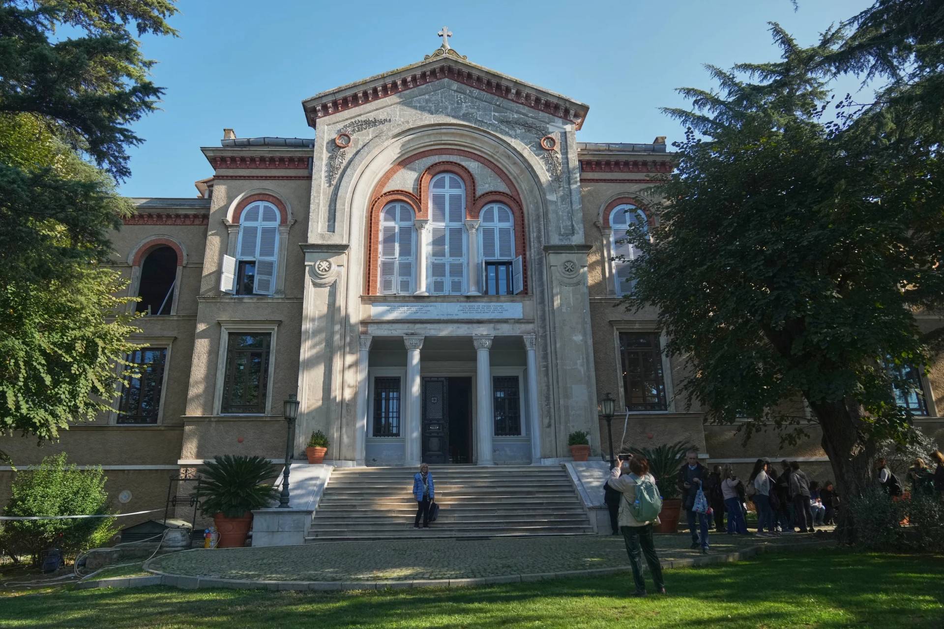 Greek pilgrims visit the Christian Orthodox Halki Theological school at the Christian Orthodox Holy Trinity Monastery, in Heybeliada island, Istanbul, Turkey, Friday, Nov. 14, 2025. (Credit: Francisco Seco/AP.)