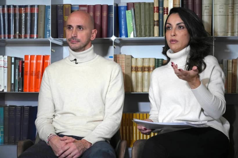 Silvia Carlucci, right, and Domenico Fabiani, two employees who were fired by the Vatican Bank in October 2024, after their wedding violated a ban on workplace marriage attend an interview with The Associated Press in Rome, Monday, Jan. 27, 2025. (Credit: Alessandra Tarantino/AP.)