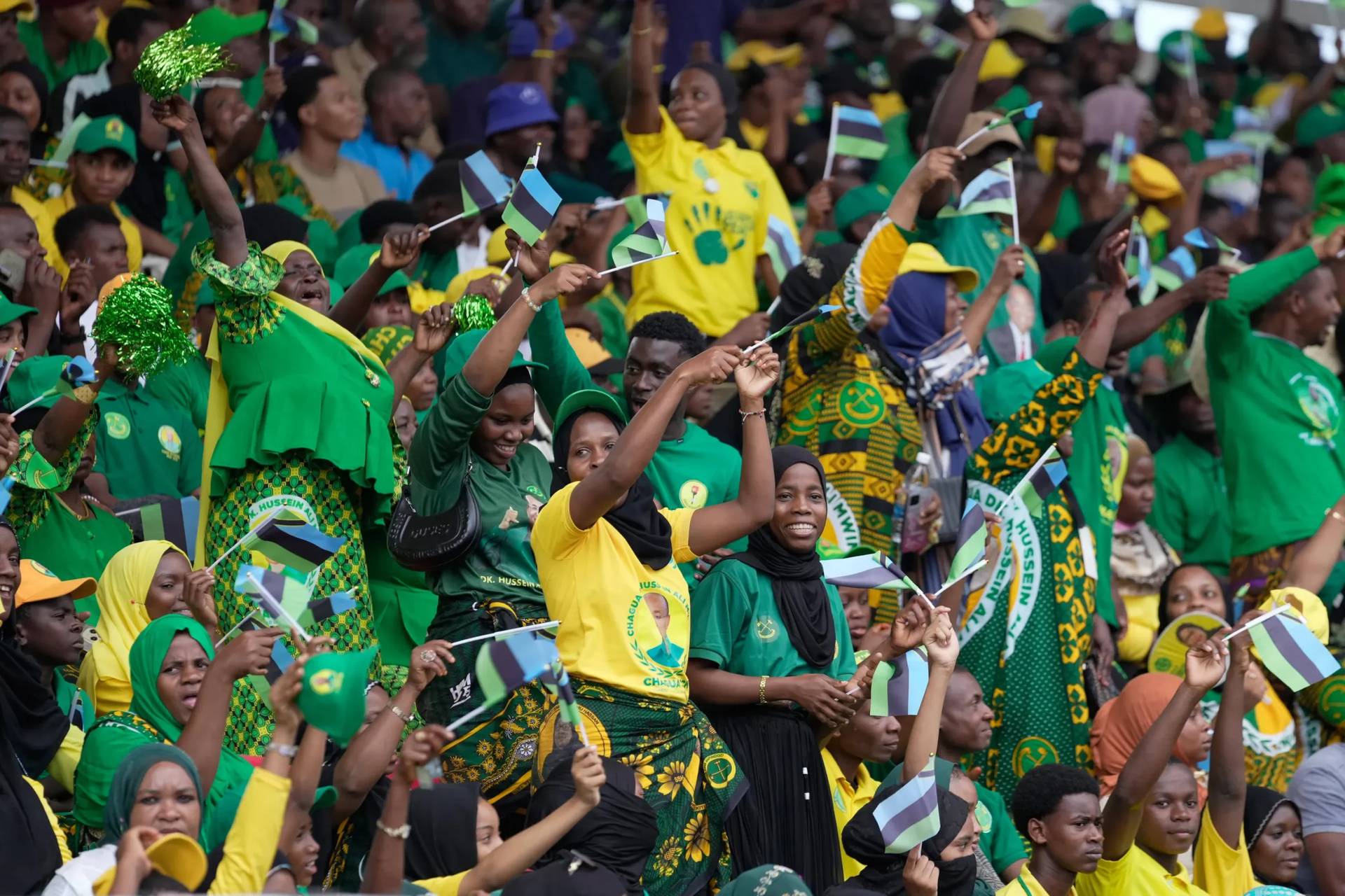 Protestors of the ruling Chama Cha Mapinduzi (Revolutionary Party) sing in Amaan Stadium in Zanzibar, Tanzania, on Nov. 1, 2025. (Credit: Brian Inganga/AP.)