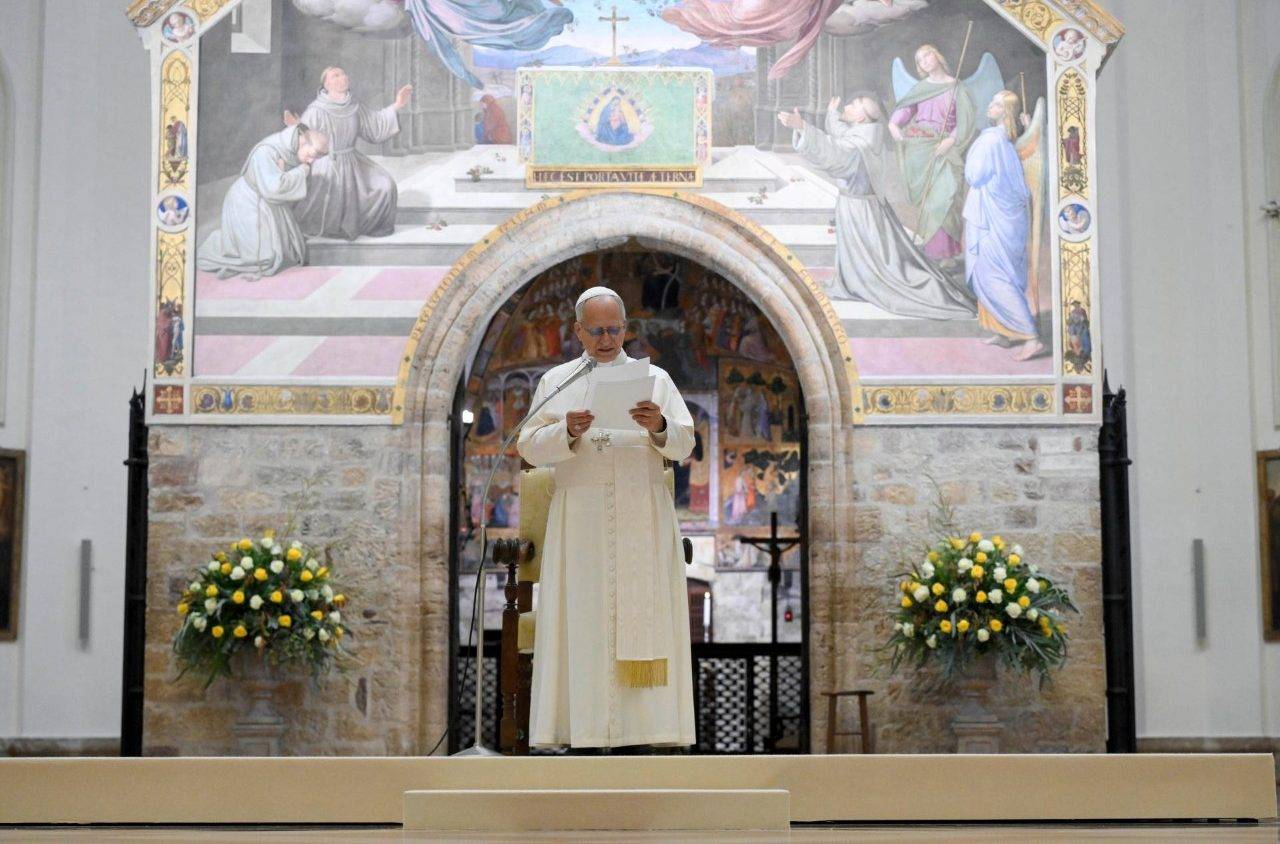 Pope Leo XIV at the Basilica of Saint Mary of the Angels in Assisi, Italy, on Nov. 20, 2025. (Credit: Vatican Media.)